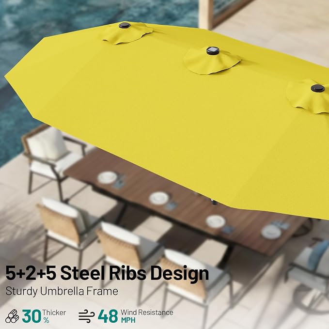 AreShark 13 FT Patio Umbrella with Solar Lights, Double-Sided Outdoor Table Umbrellas with Crank, Large Rectangular Market Umbrella for Porch, Lawn, Pool, Backyard, Yellow