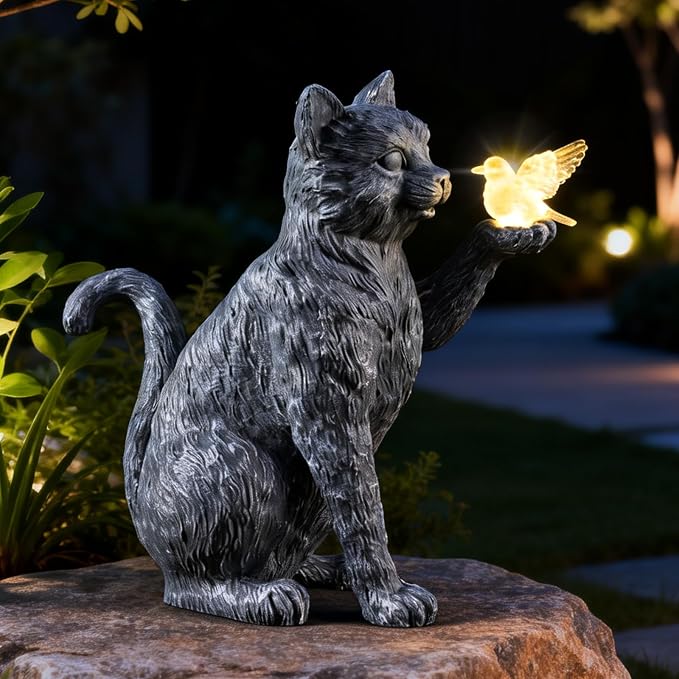 Solar Cat Garden Outdoor Statues, Cat Sculpture with Glowing Bird Light, Lawn Decoration, 10 Inches Tall, for Patio, Balcony, Garden, Yard, Birthday Gift for Mom, Grandma and Women