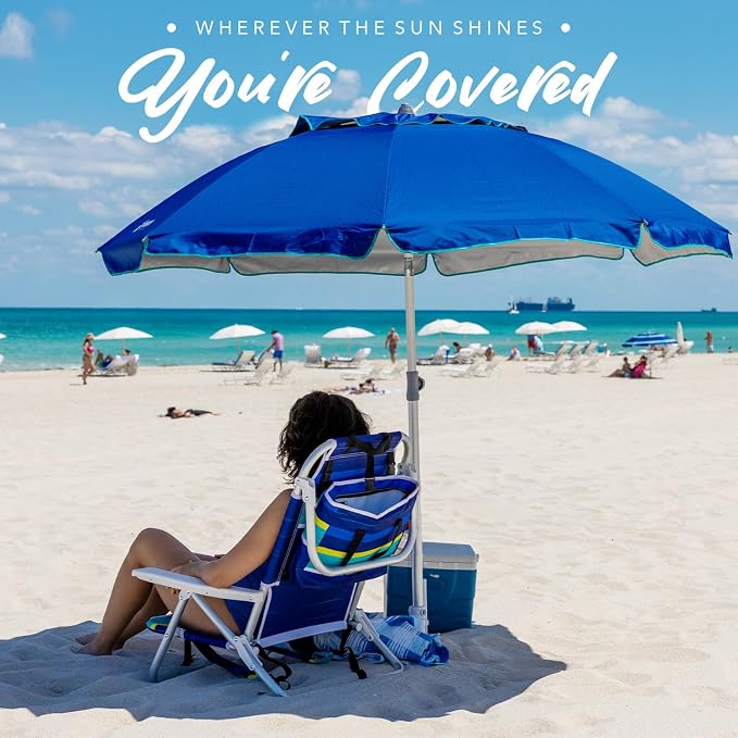 AMMSUN 7ft Heavy Duty HIGH Wind Beach Umbrella with sand anchor & Tilt pole Sun Shelter, UV 50+ Protection Outdoor Sunshade Umbrella with Carry Bag for Patio Garden Beach Pool Backyard Blue