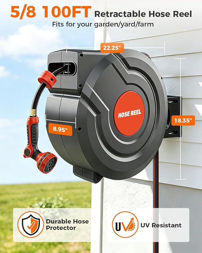 Retractable Garden Hose Reel,Wall Mounted 100 ft 5/8 Inch Automatic Return, Any-Length Lock, 9-Pattern Sprayer, 180° Swivel, Durable Water Hose Reel for Yard and Home