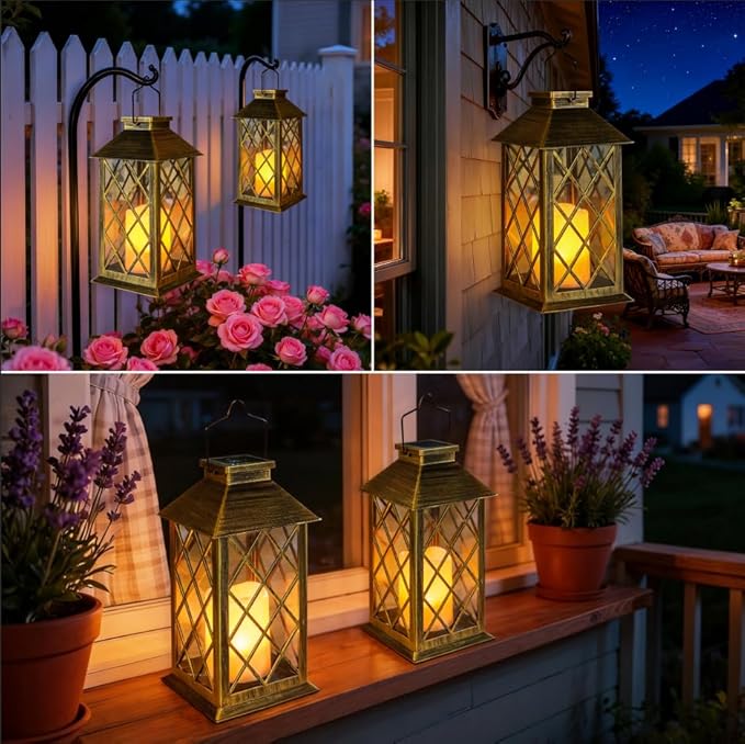 TAKE ME 14" Solar Lanterns Outdoor Waterproof Garden Lanterns Flameless Candle Mission Lights for Table,Outdoor,Party Mothers Day Gifts ( 2 Packs Brush-Painted Antique Bronze Color)
