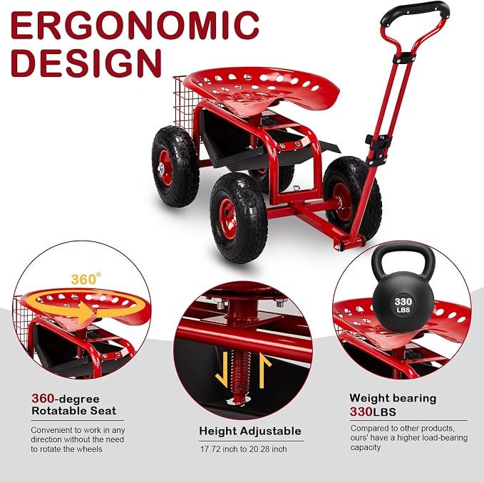 VINGLI Rolling Garden Seat with Wheels, Heavy-Duty Steel Cart for Yard Work and Planting, Best Gardening Tools with 360-Degree Swivel, Red