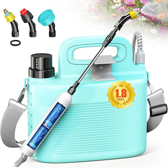 Battery Powered Garden Sprayer 1.8 Gallon, Lightweight Electric Weed Sprayer with Telescopic Wand & Adjustable Nozzles, Portable Yard Sprayer for Plant Watering, Lawn Care, Fertilizing,Gardening