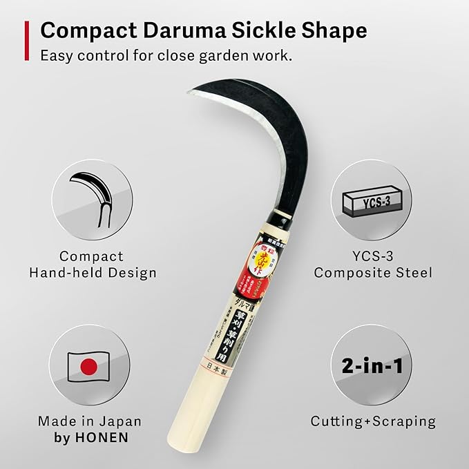 Japanese Garden Sickle, Hand Tool for Grass Cutting, Surface Weeding and Everyday Garden Work, Made in Japan by HOUNEN