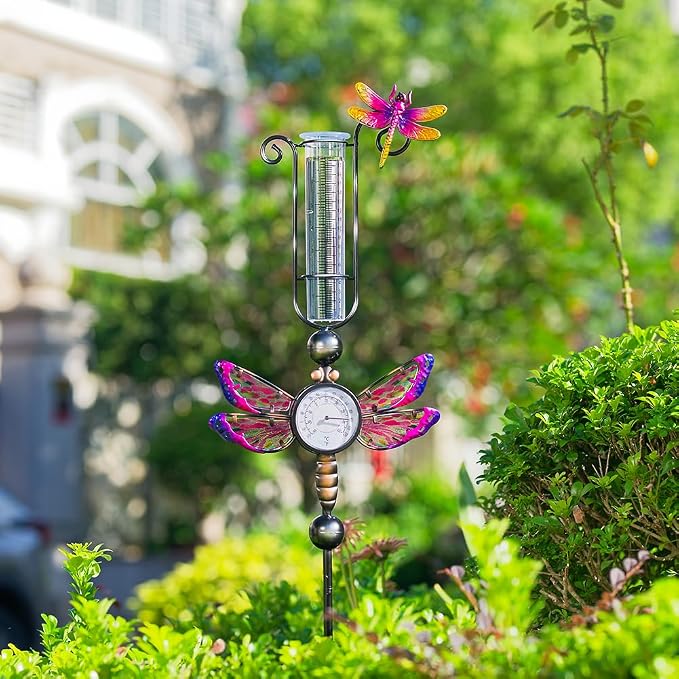 Rain Gauge Outdoor with 7 Inch Tube, Rain Gauges with Thermometer Waterproof Measure Gauge Decor for Yard, Garden, Lawn(Dragonfly)