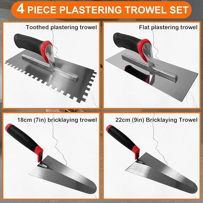 Concrete Masonry Trowel 4pcs/Set, High-Carbon Steel Plastering Bricklaying Tools for Drywall Concrete Includes Flat Trowels and Notched Trowels, Brick Trowels (Black-B Set)