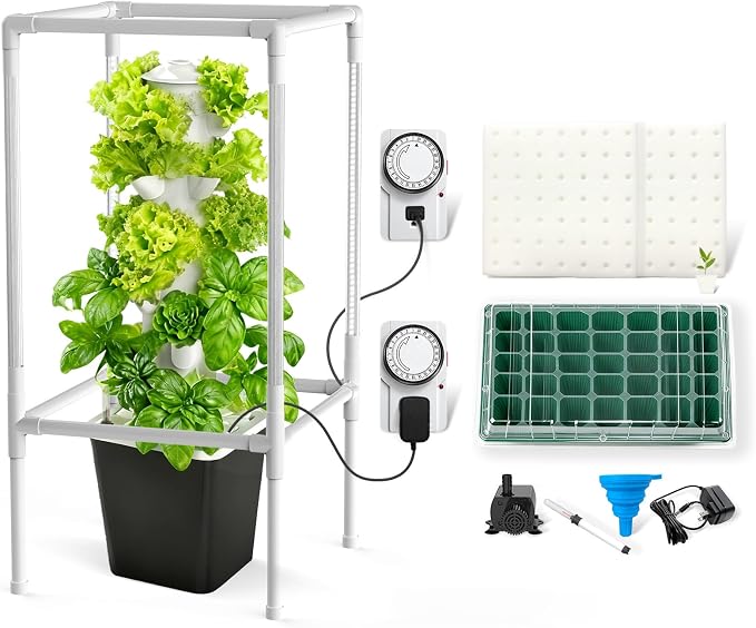 JESLED Hydroponic Tower with 5000K Full-Spectrum Grow Lights, 30 Pods Vertical 6 Tiers Hydroponic Tower, Hydroponics Growing System for Indoor Herbs, Fruits and Vegetables, High 37"