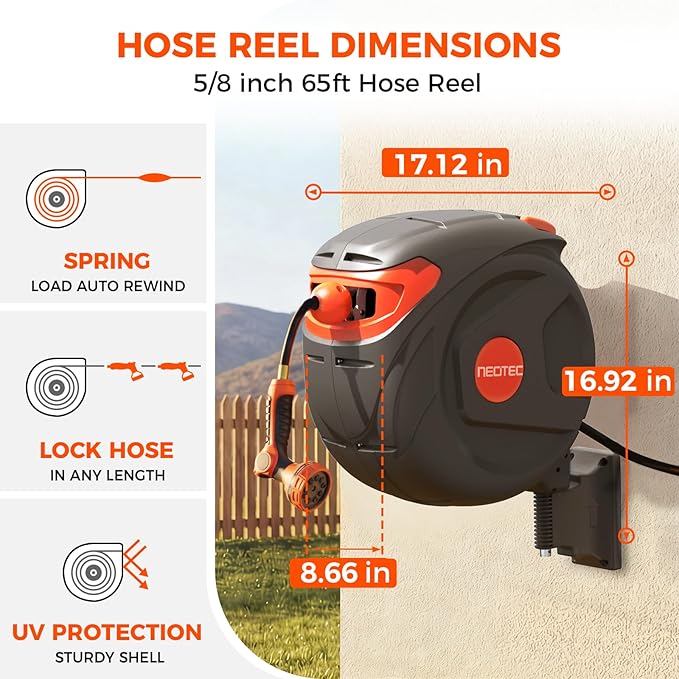 New Retractable Garden Hose Reel 5/8 inch x 65 ft 9 Pattern Nozzle Wall-Mounted Any Length Lock Automatic Slow Return 180° Swivel UV Resistant Heavy Duty Hose Reels for Outside