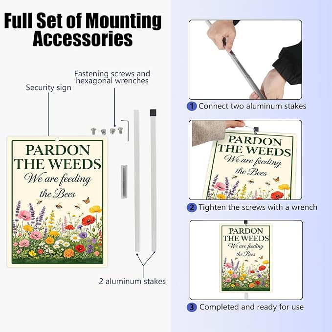 Pardon the Weeds We're Feeding The Bees Yard Sign with Stakes 8x12 In Do Not Mow No Mow May Aluminum Lawn Signs Stand for Garden Pollinator Wildflower Save Bee Habitat Outdoor Decorations