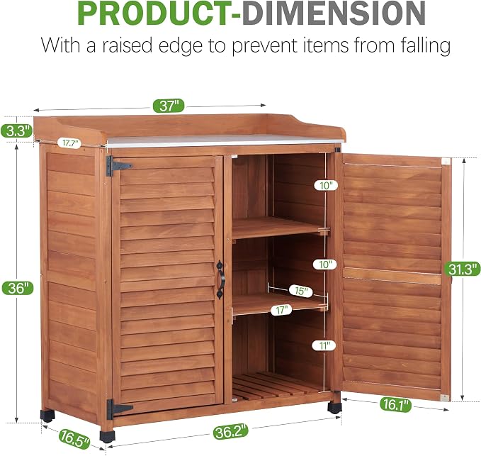 Outdoor Storage Cabinet & Potting Bench Table with Metal Work Top, Vented Louvered Doors, Wooden Patio Furniture, Garden Workstation, Latte, 36x31x17in