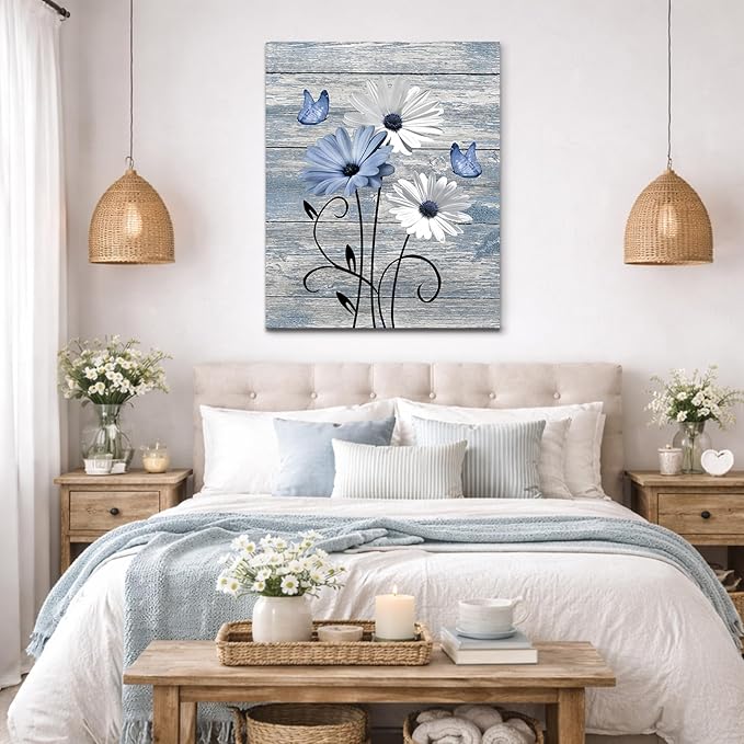MYUSRE Farmhouse Blue Floral Canvas Wall Art, 16L X 12W Inch | Rustic Wood Daisy Butterfly Framed Wall Art Country Flower Pictures Wall Decor Ready to Hang