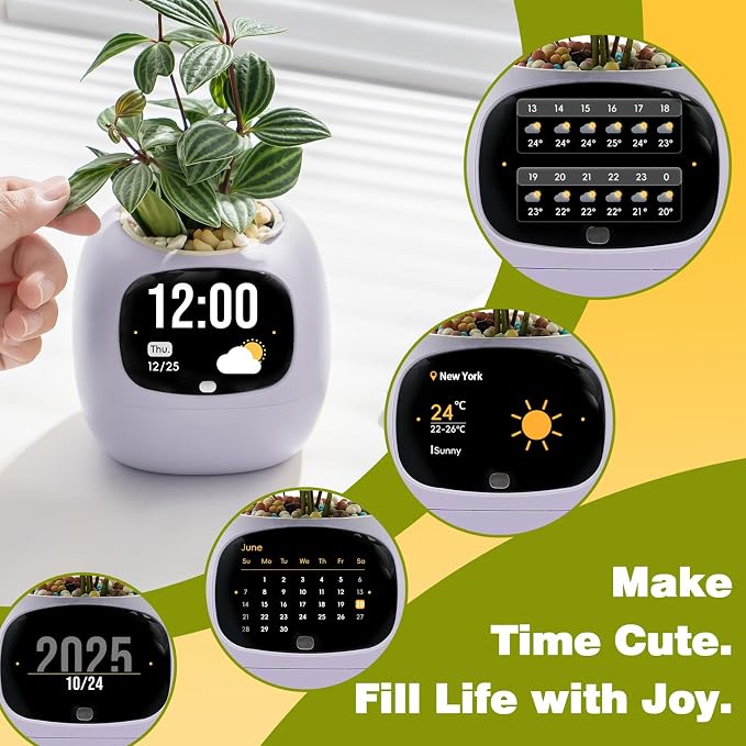 Smart Plant Pot with Visual Display – Soil Moisture, Water Level, Light & Battery Monitor, 80ml Self-Watering Reservoir, Supports 100+ Plants, Pomodoro Timer, Clock & Calendar-Purple