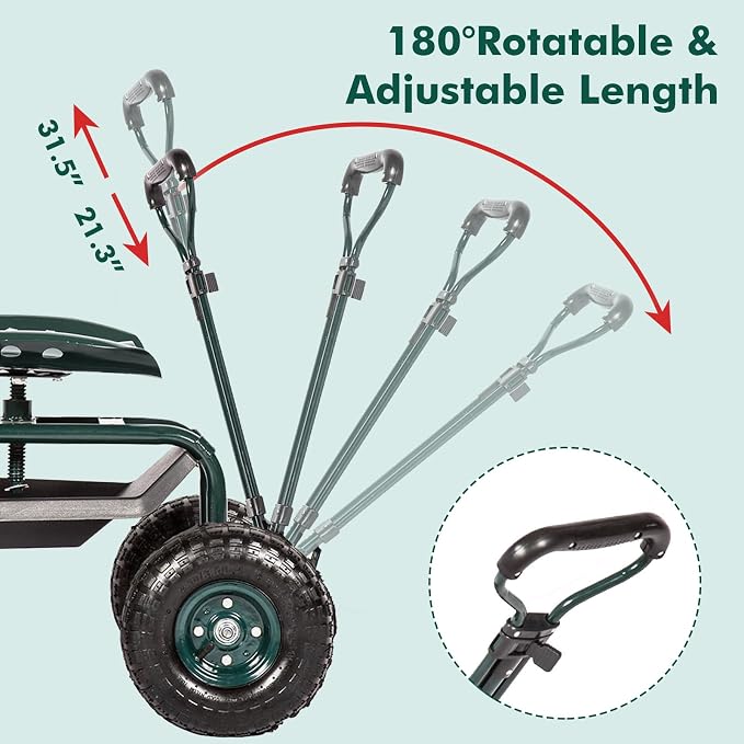 KINTNESS Garden Cart Seat Rolling Scooter Wagon with Extendable Steering Handle Swivel Seat & Utility Basket...(Green
