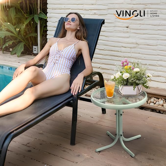 VINGLI Outdoor Side Table, 18" Patio Table Steel Frame Tempered Glass Top, Weatherproof Small Tables for Balcony Garden Poolside (Green, Round)