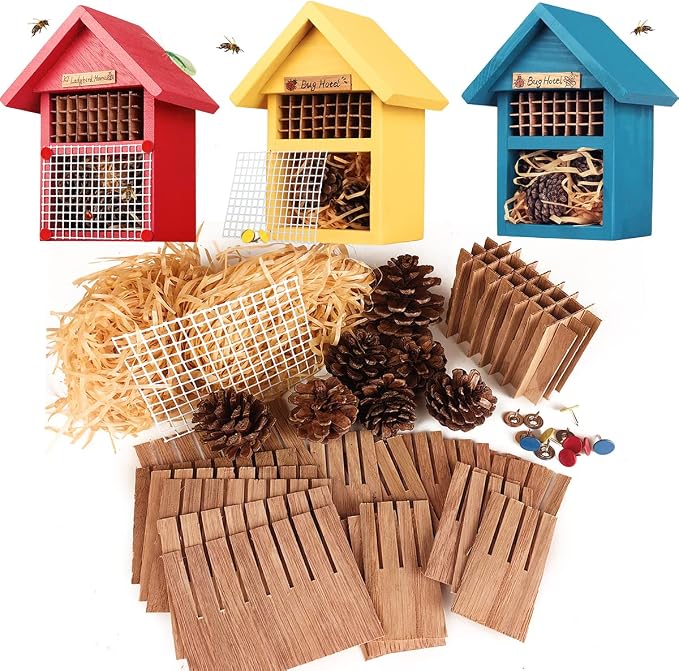CEDAR ALPHA 4 Pack DIY Insect Hotel Kit, Backyard Insect House, Solid Wood 5.9"x 7.7"x 4.7", UVcoating Painted, Bee House, Nesting Habitat Shelters, Garden Shelter for Bees, Butterflies, Bugs