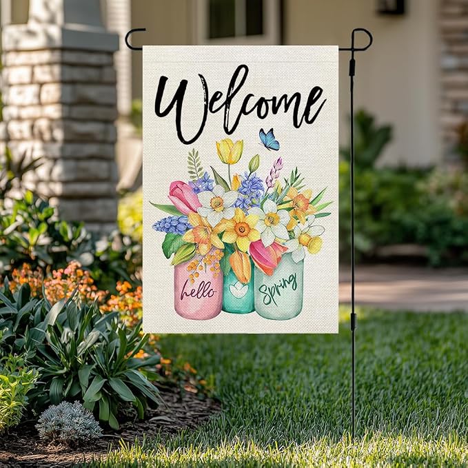 CROWNED BEAUTY Spring Garden Flag Floral Mason Jar Double Sided 12X18 Inches Burlap for Outside Seasonal Yard