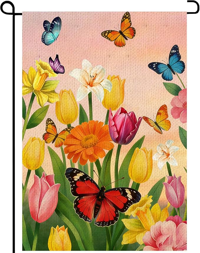 Spring Summer Tulip butterfly Welcome Garden Flag 12x18 Inch Double Sided Colorful Floral Outside Flag for Burlap Holiday Farm house Yard Flag Outside Decoration