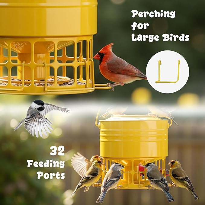 KOL Large Bird Feeder for Outdoors, 10LB Capacity Squirrel Proof Metal Feeder with 32 Feeding Ports & 3 Perches, Easy-Clean Hanging Birdfeeder for Cardinals, Bluebirds, Finches (Earthy Yellow)