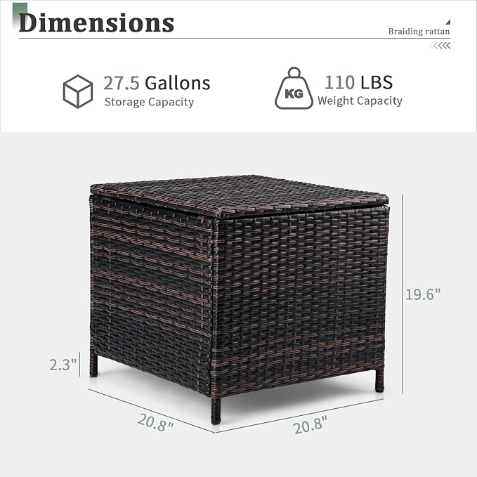 VINGLI Outdoor Side Table with Storage, 27-Gallon Patio Deck Box Outdoor Wicker Side Table for Poolside Balcony Storage Table (Brown, Square)