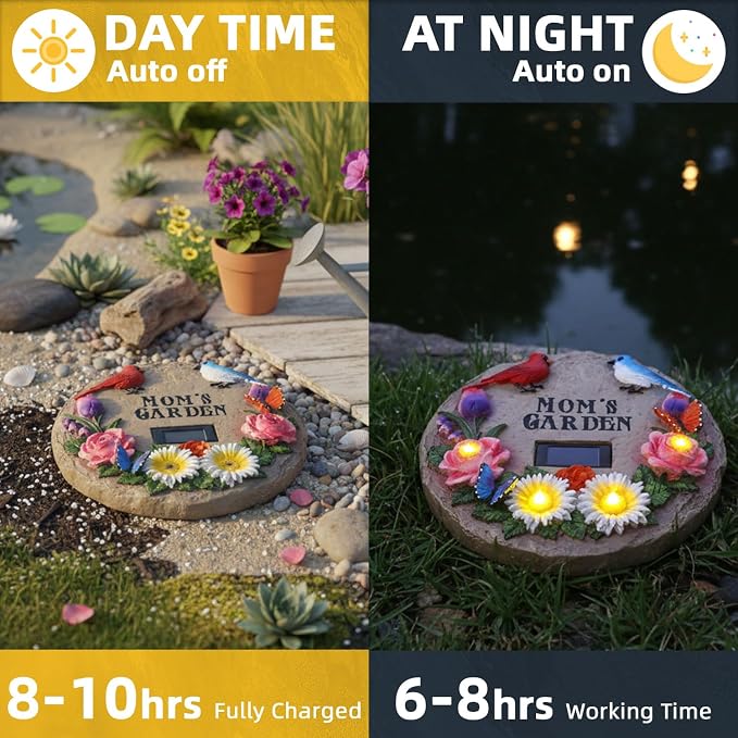 Stepping Stones Outdoor Solar Lights for Mother's Day with Cardinal Robin Birds Flowers and Mom's Garden Signs, Garden Gifts for Mom Resin Path Light with 4 LED Lamps for Walkway Yard 10 Inch