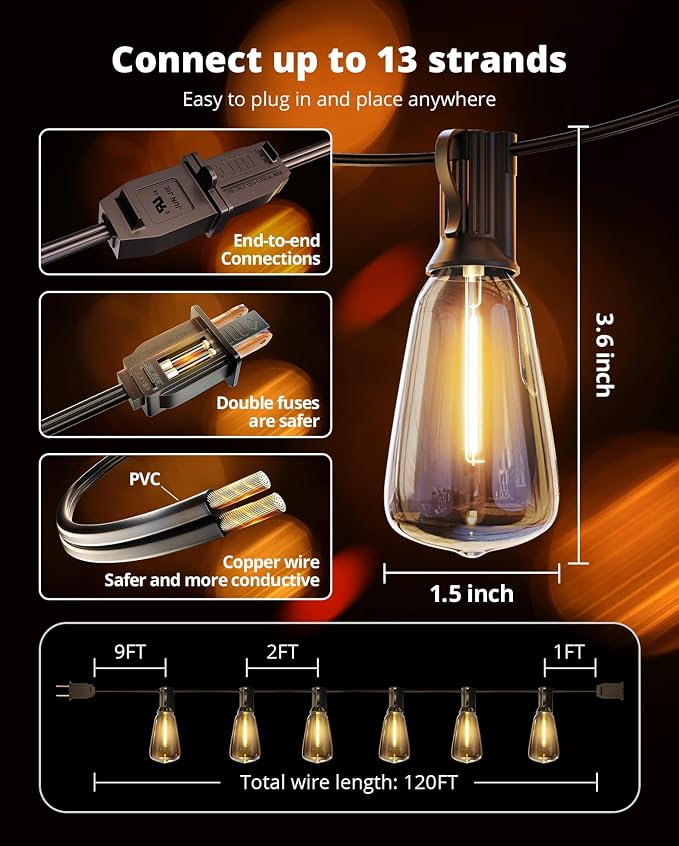 VIPAR Outdoor String Lights 120FT Patio Lights Outdoor Waterproof with 56+2 Shatterproof ST38 Edison Lights Bulb, LED Outside Hanging Light Connectable for Backyard, Porch, Garden, yard, Bistro, 2700K