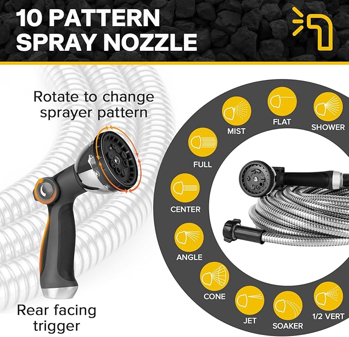 Metal Garden Hose 50ft Heavy Duty Stainless Steel Water Hose with Sprayer & Metal Fittings Flexible Lightweight Hose Puncture Proof Hose for Yard, Outdoors, Rv