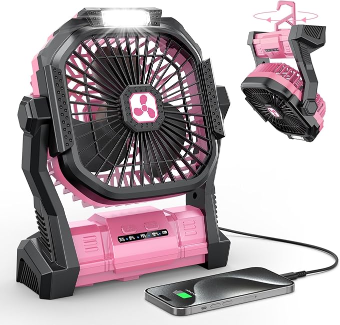 ONLYNEW Portable Fan Rechargeable, 20000mAh Cordless Battery Powered Table Fan with LED Lantern Battery Operated for Camping Tent Office Beach Desk Fishing Travel Home