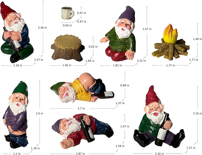 9pcs Miniature Gnomes Sets with Fire and Furniture - for Fairy Garden Decoration and Home Ornament