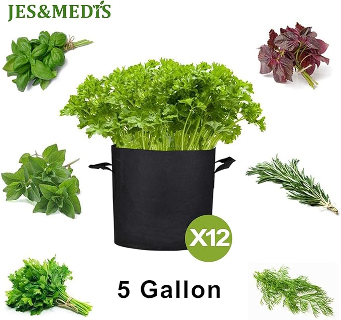 JES&MEDIS 12-Pack 5 Gallon Plant Grow Bags Thick Aeration Non Woven Fabric Flower Vegetable Pots with Handles Garden Container Black (5 Gallon_12 Pack)