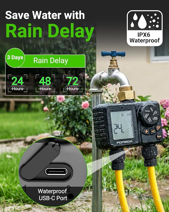 2 Zone Water Timer for Garden Hose, Programmable Hose Timer for Watering with Built-in Rechargeable Battery, Rain Delay/Manual/Auto Modes, IPX6 Waterproof Sprinkler Timers for Lawn, Yard, Farm
