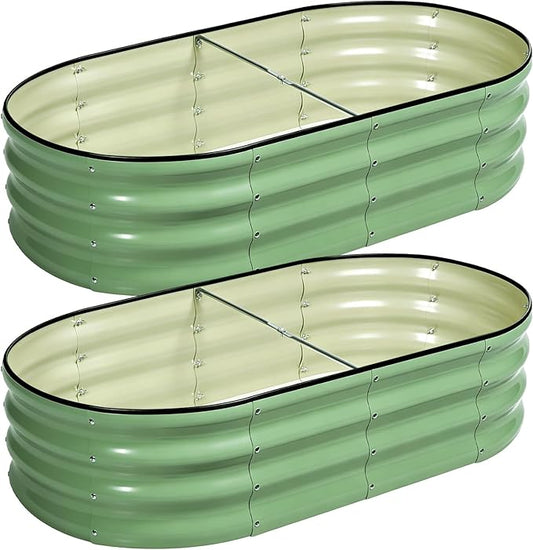 2 PCS Galvanized Raised Garden Bed 4x2x1 Ft, Oval Metal Outdoor Planter Box Kit with Safety Rubber Edge, Easy Assemble Bottomless Large Planting Container for Vegetable, Flower, Fruit, Green