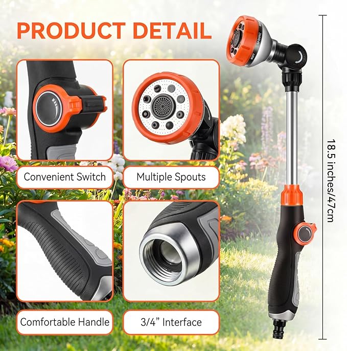 Saillong 2 Pack Garden Hose Wand, Adjustable Watering Wand with Textured Handle, 8 Spray Patterns Hose Sprayer for High Plants, Lawn, Car Washing and Irrigation
