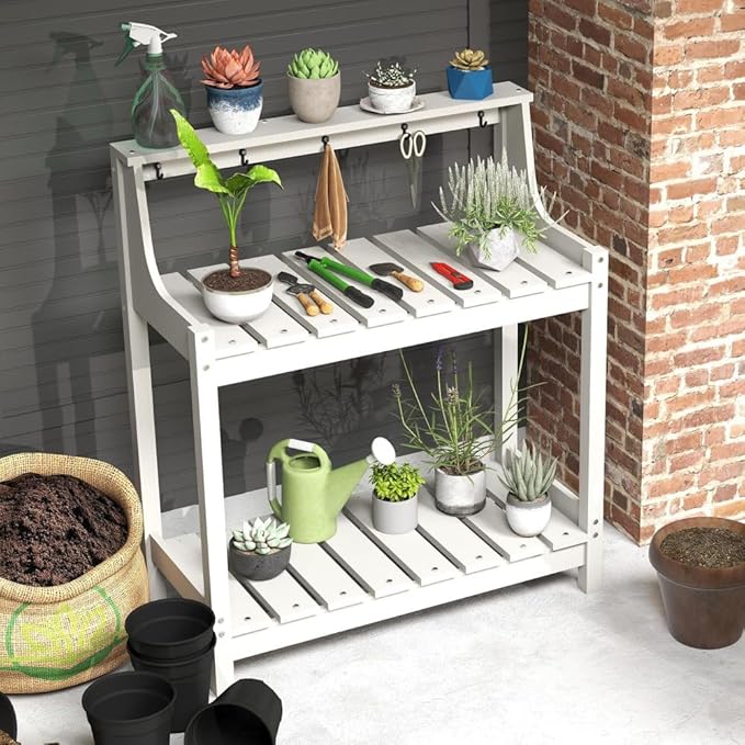 Potting Benches for Outside, HDPE Garden Potting Table All Weather, Outdoor Potting Table with Storage for Patio, Backyard, Garden, White
