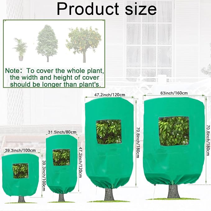 CMINGJ Plant Frost Protection Covers with Viewing Window, 31.5" x 47.2", 2.06oz/yd², Reusable Drawstring Tree Cover, Winter Tree Blanket with Zipper for Plants, Frost Protection Cloth Green (4 Pack)