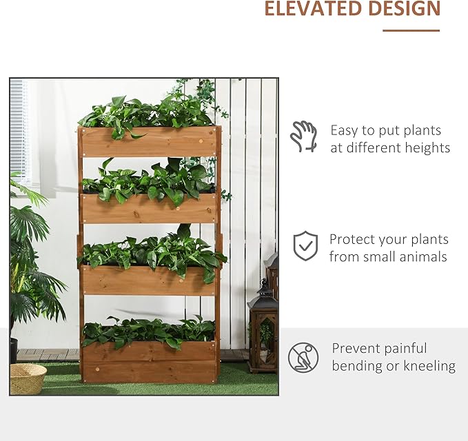 Outsunny Vertical 4 Tier Raised Garden Bed, Wooden Planter Box, Self-Draining with Bed Liner for Indoor Outdoor Flowers, Vegetables and Herbs, Orange