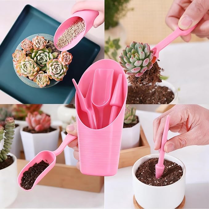 8Pcs Set Mini Garden Shovel Hand Tools Transplanting Potting Tool Set Indoor Soil Spoon Scoop Plastic Kits (Pink-8pcs Set)