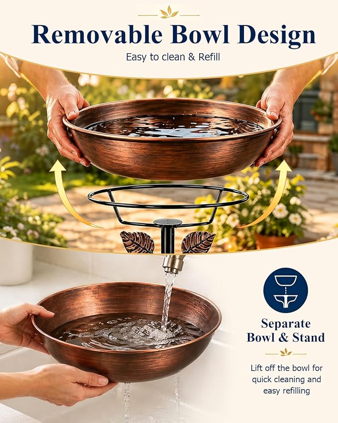 Metal Bird Bath with Solar Fountain for Outside, 3" Deep Removable Birdbaths Bowl with Metal Ground Stake, Easy to Clean Outdoor Bird Bath for Garden Yard Lawn Decor, 1.4 Gallon