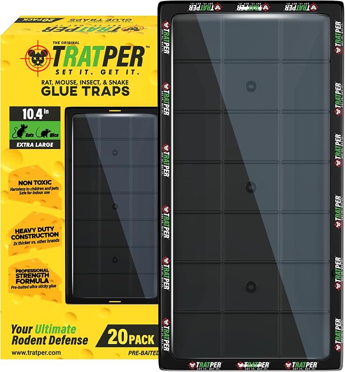 TRATPER Glue Traps for Mice,Rat,Mouse,Snake,Lizard,Insect. 20 Pack. Extra Strength,Pre-Baited Adhesive.Heavy Duty Plastic Tray.Non-Toxic,Chemical-Free Pest Control for Home. 20Pack