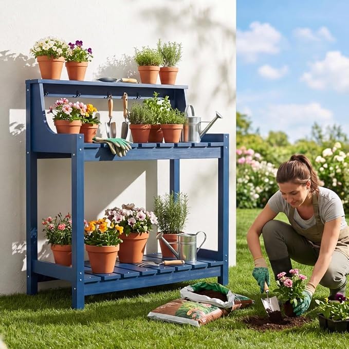 Potting Benches for Outside, HDPE Garden Potting Table All Weather, Outdoor Potting Table with Storage for Patio, Backyard, Garden, Dark Blue
