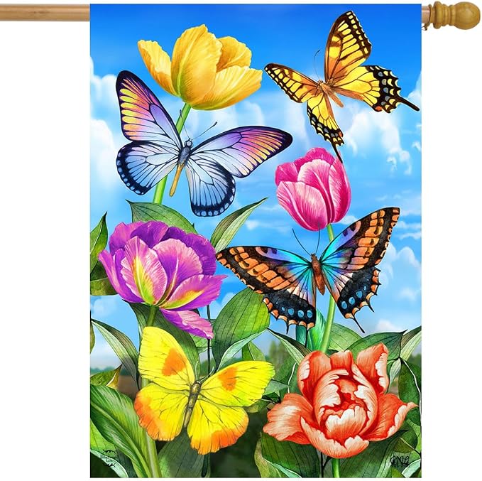 Butterflies and Tulips Summer House Flag 40" x 28" Briarwood Lane