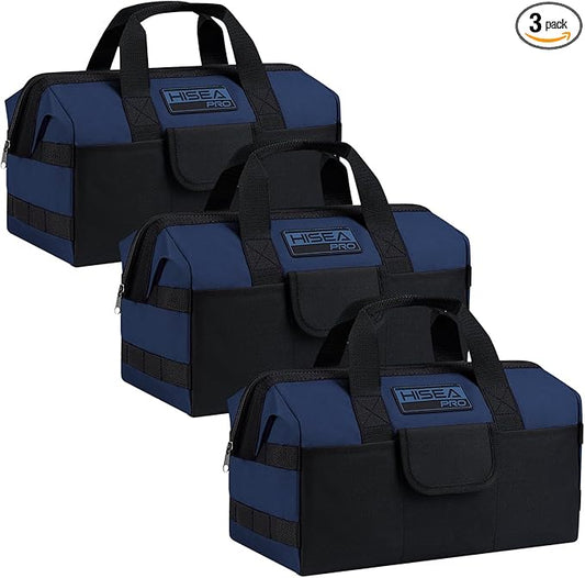 HISEA 3 Pack Heavy Duty Tool Bag with Storage Pockets, 13-Inch Tools Organizer Tote with Wide Base, Waterproof Durable Tool Bags with Zipper for Electrician, Tradesman (Blue)