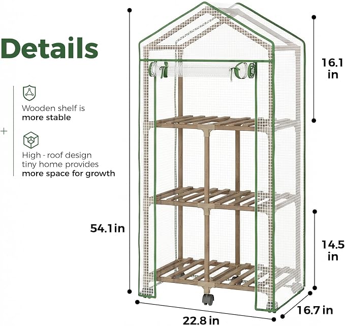 Bamworld 23 x 17 x 54-Inch Mini Greenhouses with Wheels Portable Green House with PE Cover Sturdy Eucalyptus Wood Frame Small Greenhouse for Winter Plant Frost Protection with Sturdy Eucalyptus Frame