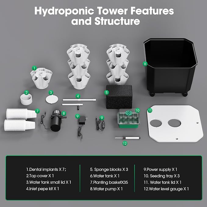 Vertical Hydroponic Tower Garden，35 Pods 7-Layer Indoor Outdoor Growing System with Smart Timer,3 Seed Starter Tray.Water Pump-BPA-Free Modular ，for Hydroponic Gardening Lovers Planting Vegetables
