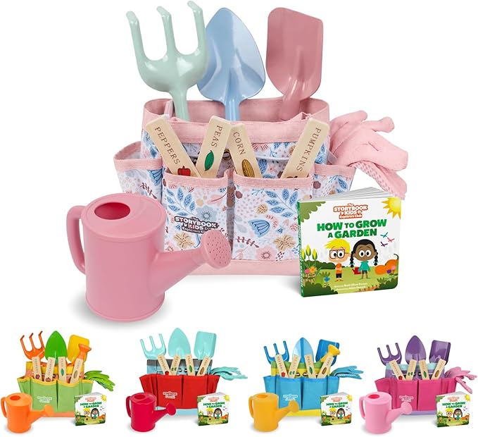 Kids Gardening Set – Toddler Gardening Kit Includes Watering Can for Kids, Shovel, Rake, Plant Stakes, Kids Gardening Gloves, Tote Bag & STEM Learning Gardening Guide Book - Pink Garden Tool Set