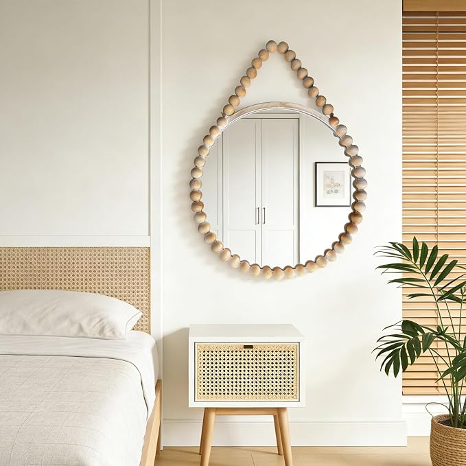 POZINO Wood Round Mirror, 28" Rustic Farmhouse Wall Hanging Mirror with Wooden Beaded Frame, Boho Circle Mirror for Bathroom Bedroom Living Room Hallway Entryway Fireplace
