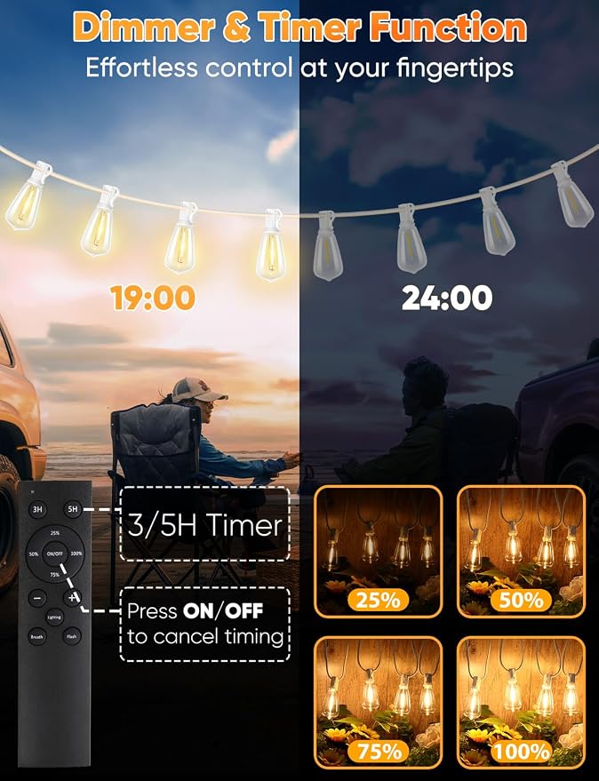 Brightever 100FT Outdoor String Lights with Remote, Dimmable LED Patio Lights with 32 ST38 Shatterproof Vintage Bulbs, 2700K Warm White 3 Modes 2 Timer Outside Light for Yard, Deck, Cafe, White