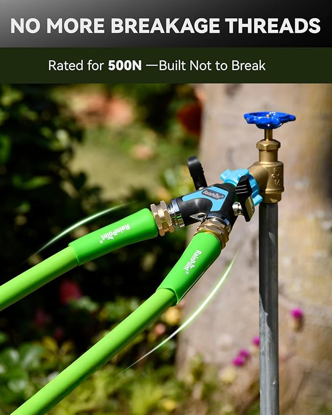 RAINPOINT Garden Hose Splitter 2 Way, All Metal Heavy Duty Water Hose Y Splitter With 2.05" Extra Long Side Handle & Shut Off Valves, 3/4 Inch GHT Thread Connector For Outdoor Spigot Faucet (Blue)