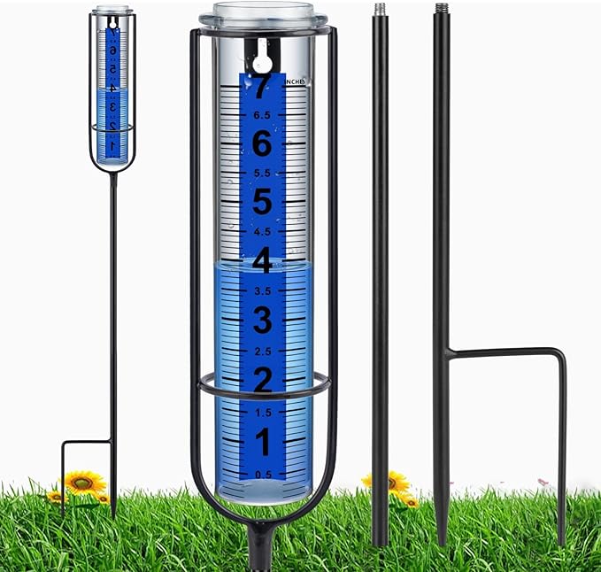 Rain Gauge Outdoor, Upgrade 7" Freeze-Proof Accurate Rain Gauge with Stake, Adjustable Height & Large Clear Numbers, Decorative Rain Measuring Tool for Garden, Lawn, Patio, Yard