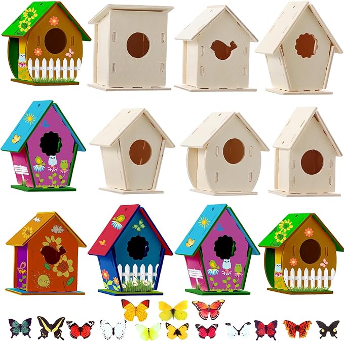 Sawysine 107 Pcs DIY Birdhouse Kits for Kids Ages 5-8 8-12, 48 Wooden Bird House Kits in 6 Shapes and 57 Butterfly Sticker for Children Summer Craft Art Activity, DIY Project(107,Multiple Entrance)