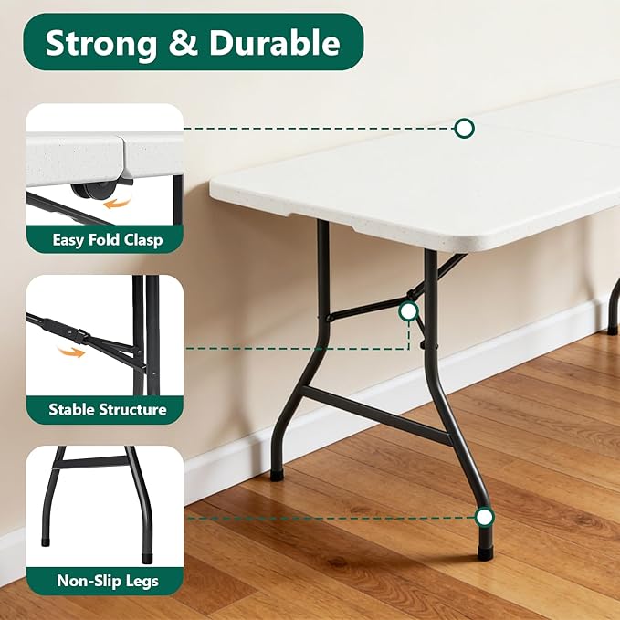 6FT Folding Table, Heavy Duty Plastic Fold-in-Half Utility Table with Handle, Portable Camping Picnic Table with Steel Legs for Indoor Outdoor Party, Dining, White,2 Pack
